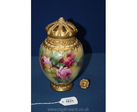 A Royal Worcester Pot Pourri Urn of tapering, globular form spectacularly decorated with naturalistic depictions of deep pink