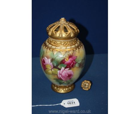 A Royal Worcester Pot Pourri Urn of tapering, globular form spectacularly decorated with naturalistic depictions of deep pink