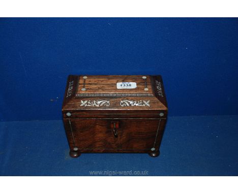 A wooden Tea Caddy with inlaid Mother of Pearl, with key.