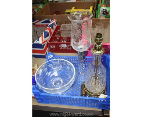 A small quantity of glass including a small fuchsia vase and footed bowl, decanter style table lamp and an etched candle hold