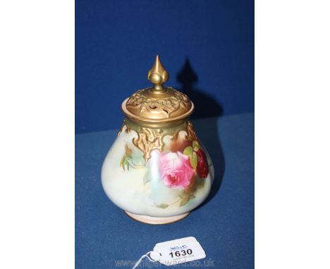 A Royal Worcester Pot Pourri Pot/Jar of compressed, baluster shape similarly decorated to the previous lot with naturalistic 