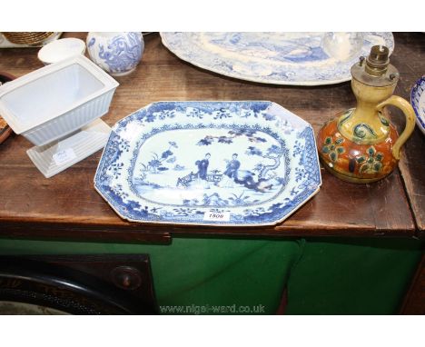 A blue and white meat Platter with oriental style decoration, a/f, an Elaine Goddard planter and Majolica style converted lam
