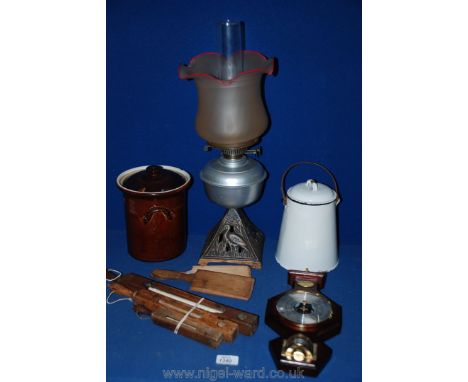 A quantity of miscellanea including Guernsey barometer, paraffin lamp, enamel milk pail, butter pats, three bath thermometers