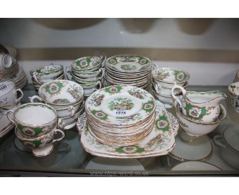 A Coalport Foley Broadway green Teaset including two sandwich plates, thirteen tea plates, sugar bowl, milk jug, sixteen cups