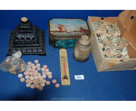 A quantity of miscellanea including old jigsaw, base for an oil lamp, bingo numbers, old tin, etc