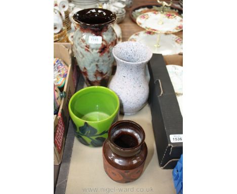 A Poole pottery green planter, tall mottled Ewenny vase, pink mottled vase etc