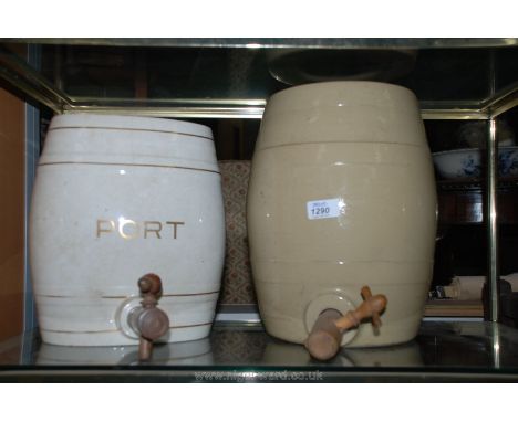 Two large ceramic Barrels including one marked Port, both with wooden taps/stoppers, one a/f.