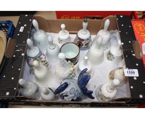 A Collection of Fifteen Ceramic Hand Bells T/W a Lustre Tankard and a Faience Cockerel.