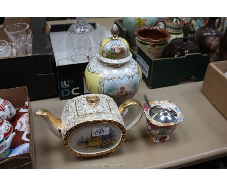 A Crinoline Lady teapot, chintz conserve pot and lidded vase.