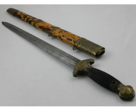 A late 19th / early 20th century Chinese court sword, having brass handle and faux tortoise shell scabbard, decorated wit bra