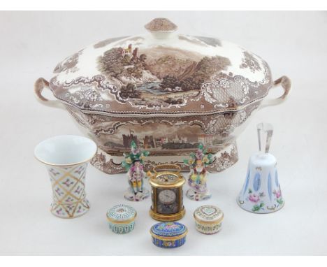 A small quantity of ceramics and glass, including a Johnson Bros. tureen, pair of small bocage figures, a small carriage time