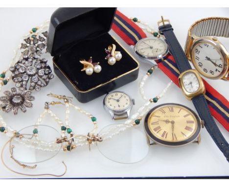 A quantity costume jewellery to include a pearl and malachite necklace, quartz wrist watches,earrings and a yellow metal pinc