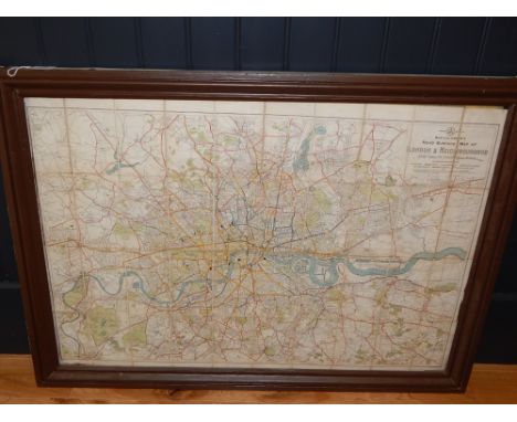 An early 20th century Cyclists Touring Club map of road surfaces in London & Neighbourhood, framed, 73 x 102cm