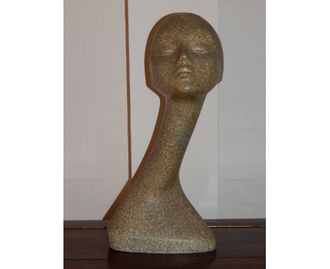 A 1960's stylised swan neck shop window mannequin head, in a marbled finish, signed and dated in ball-point pen 1966, H. 51cm