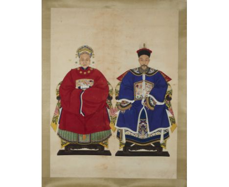 Chinese Art A tempera portrait of a civil officer of first rank and his wife both in court robes with the "buzi" of the crane