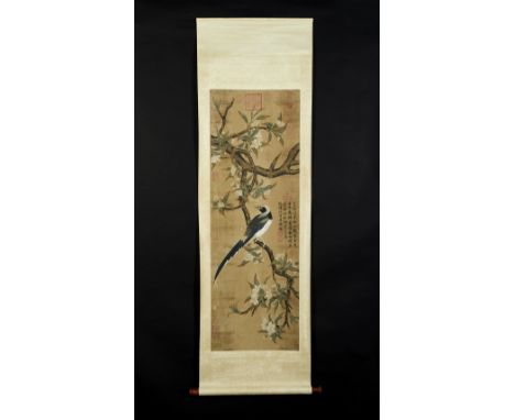 Chinese Art A scroll painting depicting a bird on a blossoming branch China, Qing dynasty, early 20th century . . Cm 43,00 x 