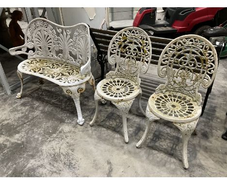 Cast aluminium white painted bench and two chairsDimensions: Height:&nbsp;80cm&nbsp; Length/Width:&nbsp;100cm&nbsp; Depth/Dia