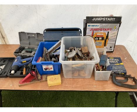 Large quantity of tools such as marples carving tools, heat gun, hammers, clamps, soldering equipment, vehicle jump starter a