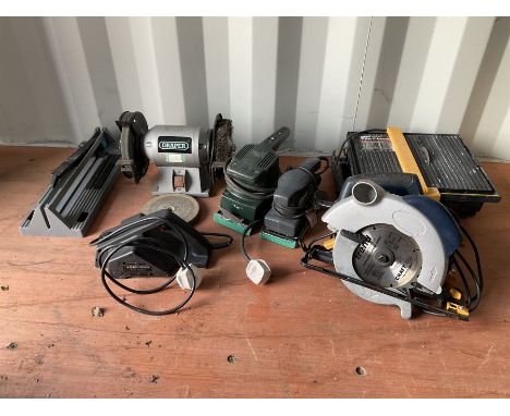 Draper bench grinder, tile cutter, circular saw together with two sanders and planer 