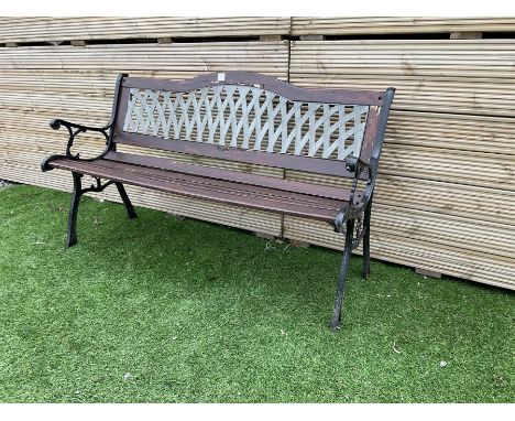 Large cast metal and wood slatted garden bench with lattice backDimensions: Height:&nbsp;75cm&nbsp; Length/Width:&nbsp;127cm&