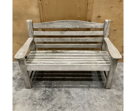 Solid teak two seater garden benchDimensions: Height:&nbsp;82cm&nbsp; Length/Width:&nbsp;129cm&nbsp; Depth/Diameter:&nbsp;65c