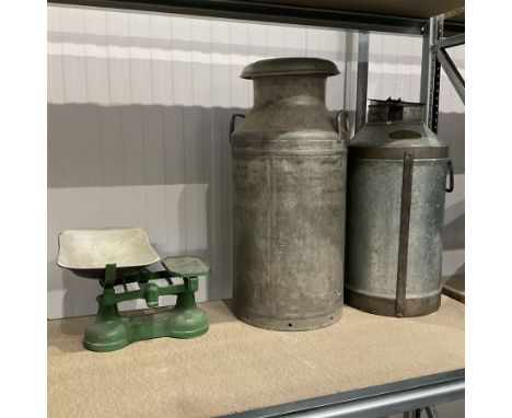 Pair of aluminium vintage milk churns and metal scale - THIS LOT IS TO BE COLLECTED BY APPOINTMENT FROM DUGGLEBY STORAGE, GRE