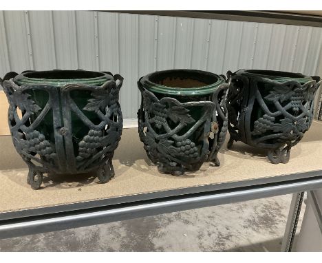 Victorian style cast metal planter/pot holder with three inserted terracotta glazed potsDimensions: Height:&nbsp;33cm&nbsp; D