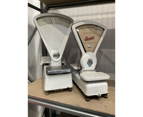 Two white enamel Berkel and J.A. Lorrimar and Co. shop fan scales