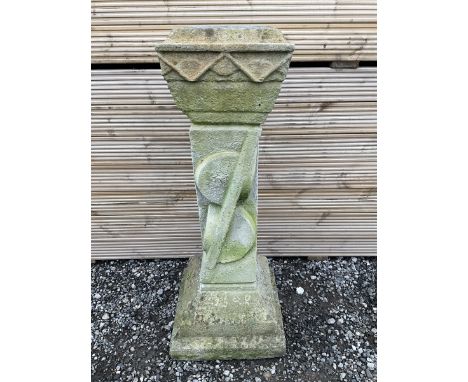 Three-piece stone sundial, on contemporary geometric design square pedestalDimensions: Height:&nbsp;100cm&nbsp; Length/Width: