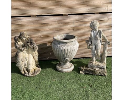 Cast stone urn planter and two cast stone garden figures 