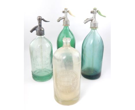 Vintage Argentinean aquamarine glass soda syphon, two similar syphons and a syphon bottle. (4) 