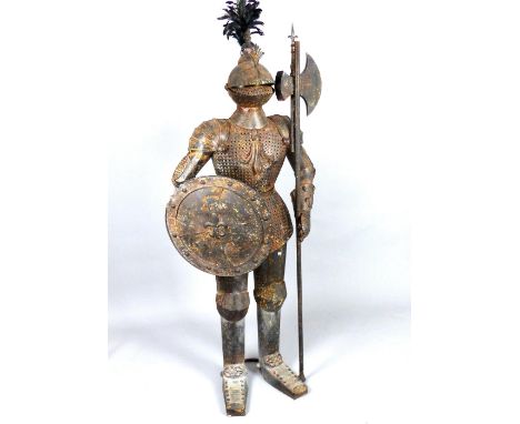 Contemporary French medieval style decorative suit of armour, manufactured as one piece, black feather to helmet, circular sh