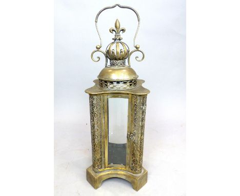 Garden candle storm lantern, gilt crown finial, curved four glass body, 68cm approx.
