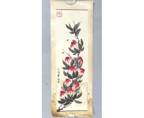 Chinese scroll, decorated with peaches and seal mark to top, 118cm l