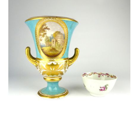 Early 19th century Derby twin-handled porcelain vase, gilt bordered central cartouche depicting view from near Spolato in Ita