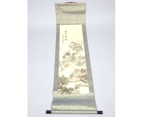 Late 20th century Chinese scroll painting, dwelling in a rocky landscape, boxed.