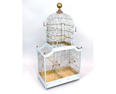 Vintage blue painted wirework pagoda bird cage with brass finial 98 cm H 