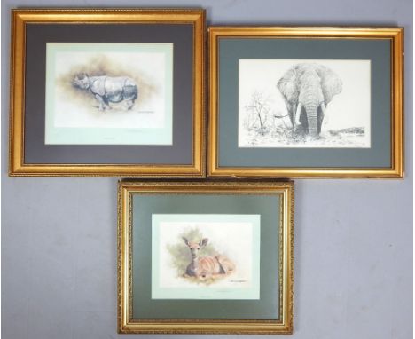 David Shepherd, Young Kudu, lithograph, signed in pencil lower right, 24 x 30cm, with another similar Indian Rhino and a work