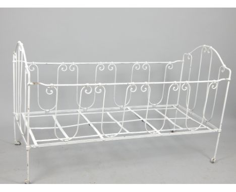 19th / 20th C French folding cot / sofa, scroll work, metal castors, 145 x 65cm 