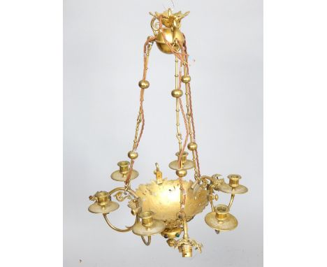 Vintage Gothic revival cast brass and 'jewel' set chandelier, with six candle arms and three foliate down lights fitted for e