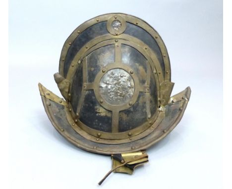 Early 20th century Spanish conquistador style helmet, the comb and upswept brim with brass decoration