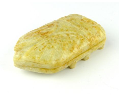 A Chinese white, russet and green jade carved cicada box and cover, 10 x 6cm.