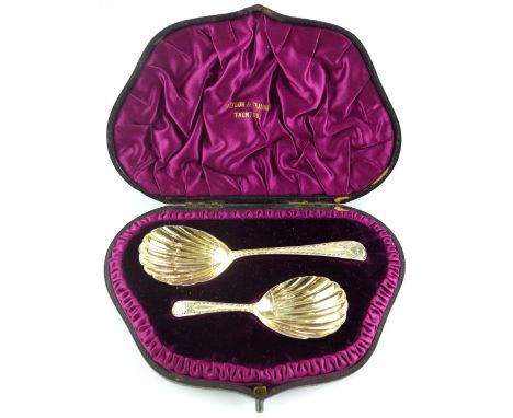 Victorian silver gilt caddy spoon and preserve spoon James Wakely and Frank Clarke Wheeler London 1889, bright cut decoration