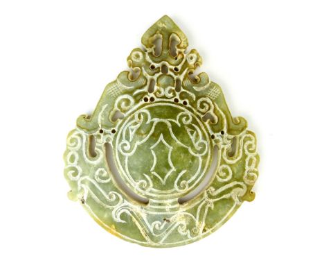 A Chinese carved and pierced green jade bi with Lingtzo crest, 8.5cm dia.