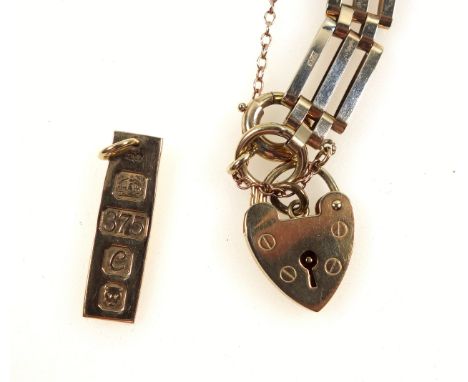 9ct gold gate bracelet with padlock clasp by I J Ltd., London, 1971, and a 9ct ingot pendant by N N, London, 1977, 16.1grs. (