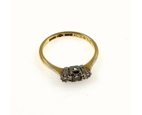 18ct. gold and platinum ring set 3 diamonds 1/8th carat approx., size K 1/2 , 2 grams, boxed (2) 