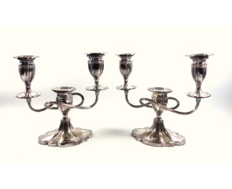Pair of silver 3 light candelabra with reeded shaped oval nozzles, reeded capitals and reeded scroll branches, on a reeded oc