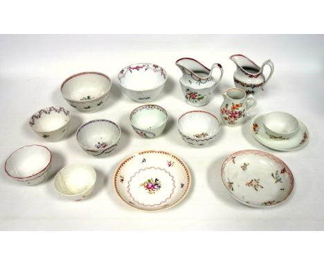 Newhall porcelain teabowl and saucer, Dia.12cm, (saucer a/f); 6 other teabowls, (4 a/f); 2 saucers, (1 a/f); 2 bowls, Dia.12c