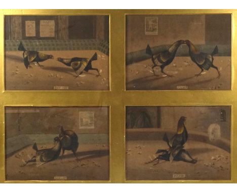 After Henry Thomas Alken (English, 1795-1851), 4 cockfighting scenes, "Set too", "Fight", "Throat", "Death", aquatint, engrav
