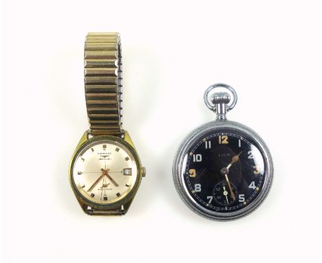 Military Elgin pocket watch with a black dial, seconds dial and Arabic numerals, enclosing a Swiss top-wind movement, in a ch